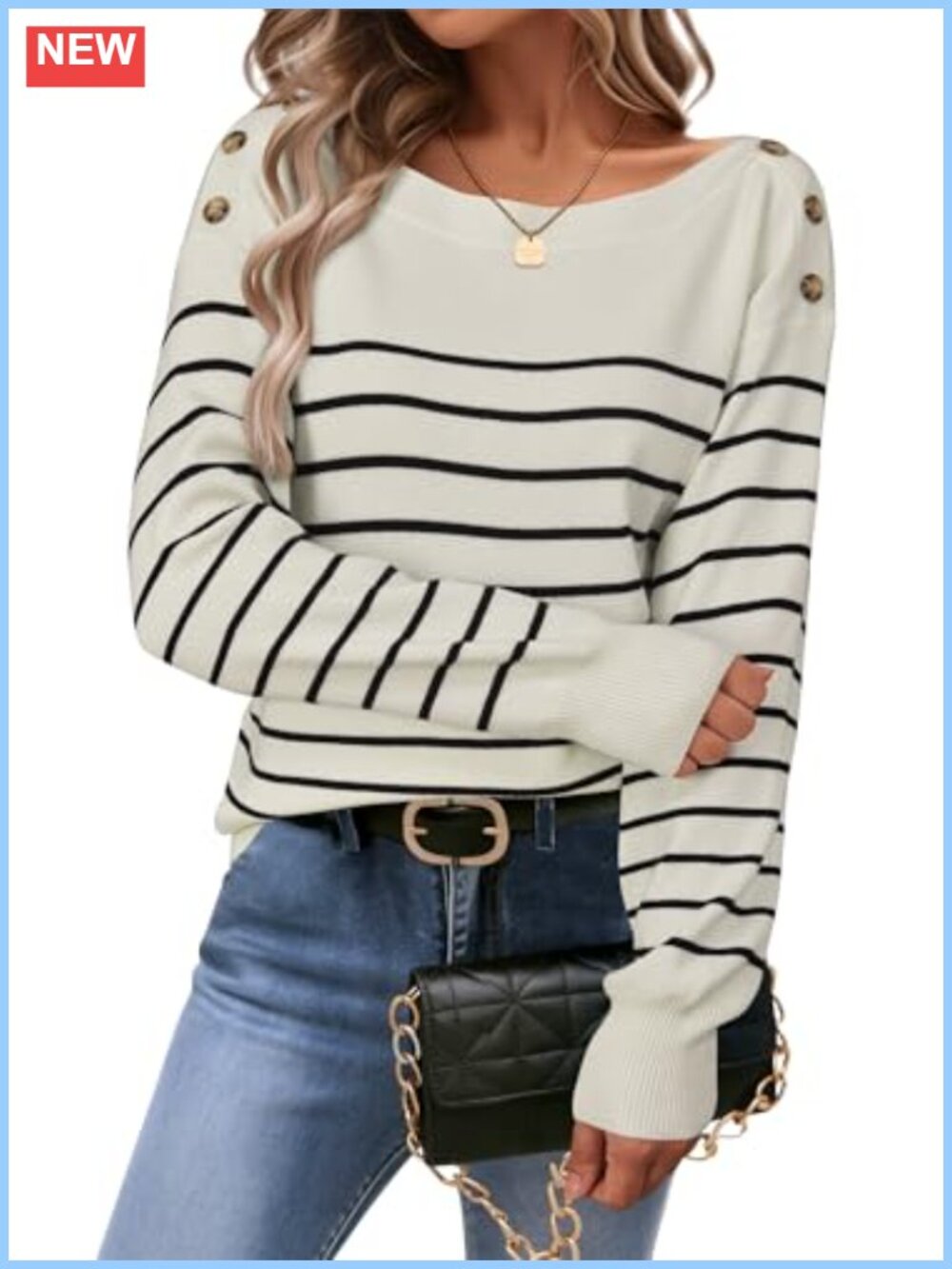 Wool Blend Striped Boat Neck Pullover Sweater with Buttons